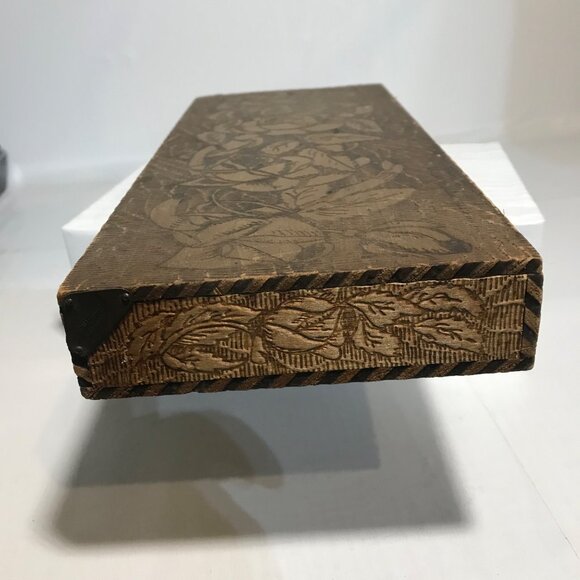 Wooden Trinket Scarf Box Vintage Hand Carved Floral Design Wood Burning Rustic - Picture 6 of 16